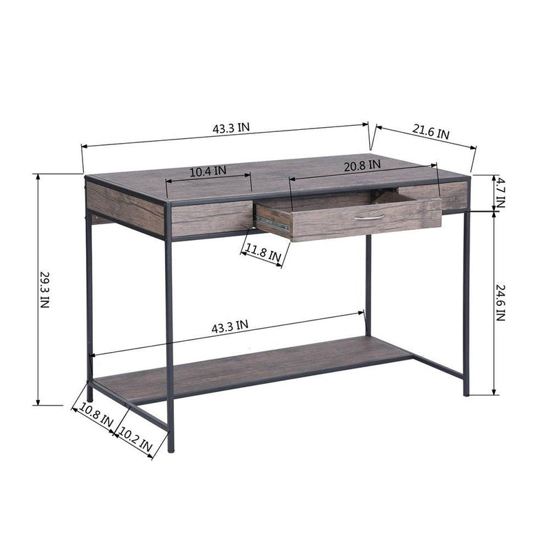 43.3"W x 21.6"D x 29.3"H Computer Desk with One Drawer, Walnut & Black - Supfirm