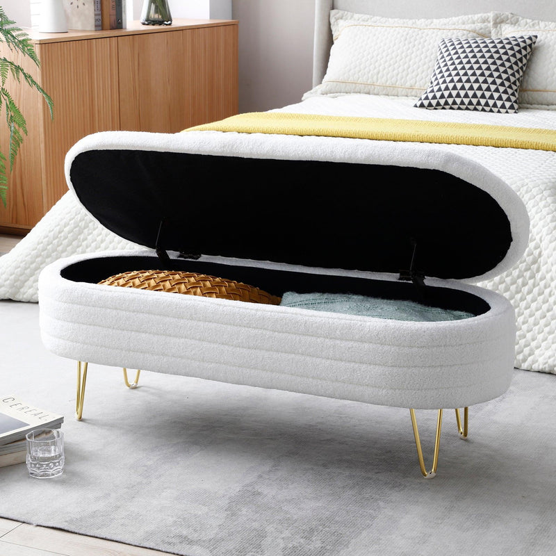 46.9" Width Oval Storage Bench with Gold Legs,Teddy Fabric Upholstered Ottoman Storage Benches for Bedroom End of Bed,Sherpa Fabric Bench for Living Room,Dining Room,Entryway,Bed Side,Beige - Supfirm