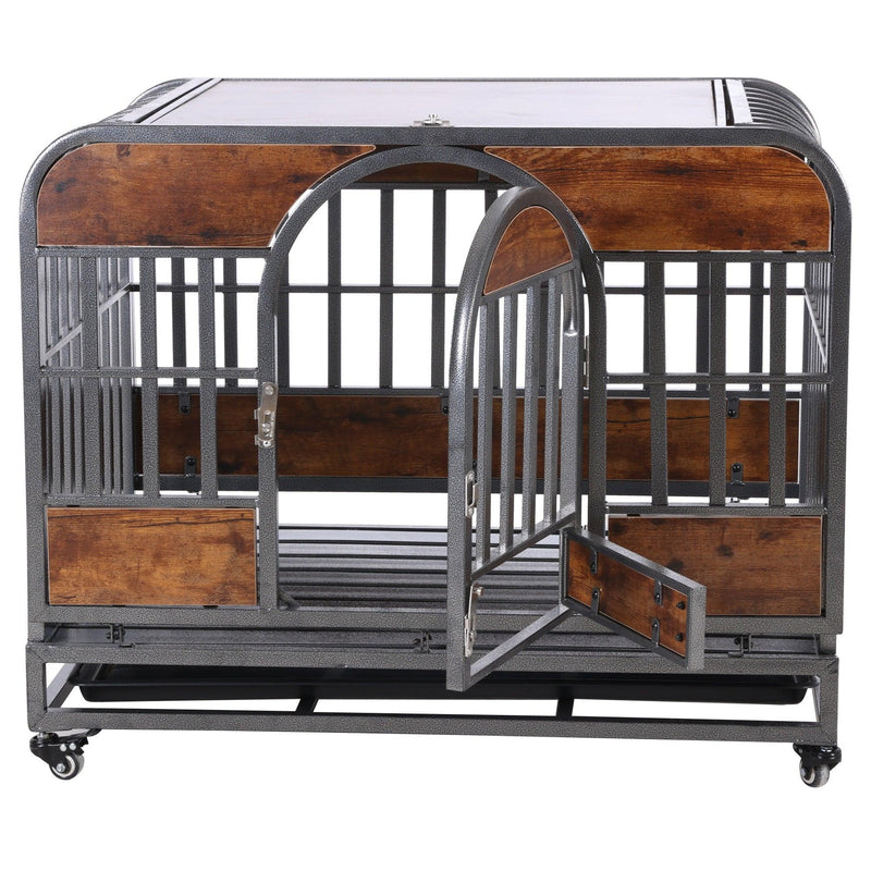 46in Heavy Duty Dog Crate, Furniture Style Dog Crate with Removable Trays and Wheels for High Anxiety Dogs - Supfirm