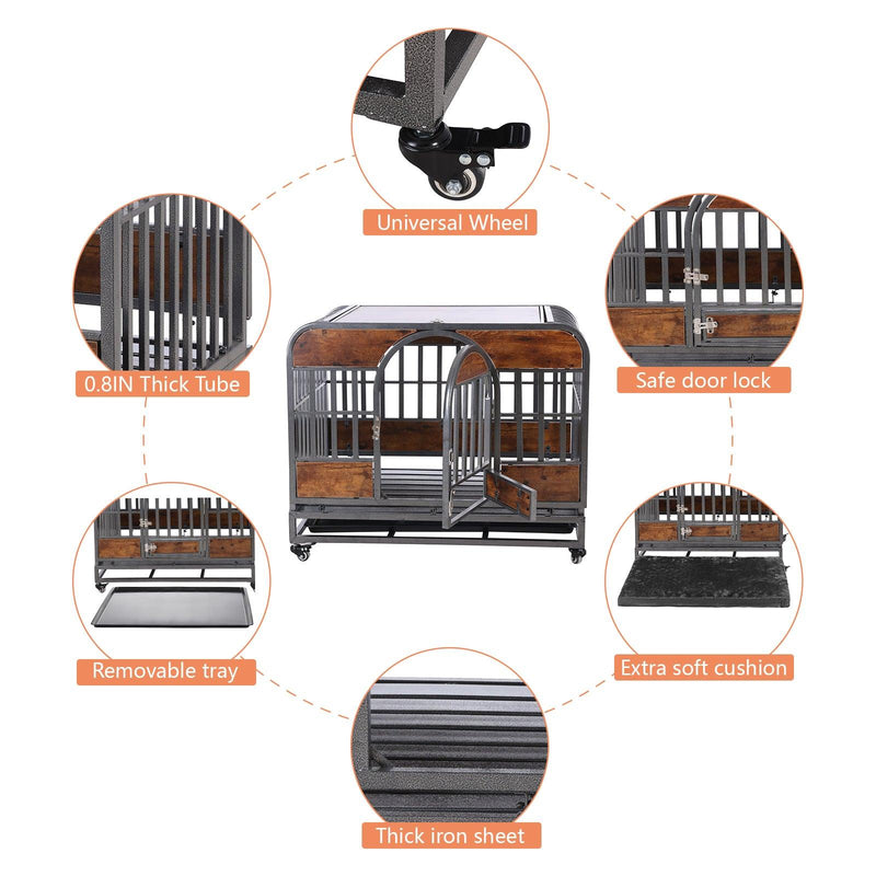 46in Heavy Duty Dog Crate, Furniture Style Dog Crate with Removable Trays and Wheels for High Anxiety Dogs - Supfirm