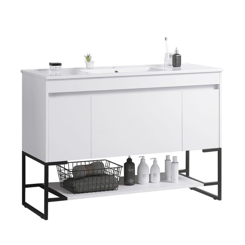 48" Bathroom Vanity with Sink,Bathroom Vanity Cabinet with Two Soft Close Cabinet Doors & soft-close Drawers,Bathroom Storage Cabinet with a Lower Open Shelf,with Metal Legs,White Ceramic Sink,White - Supfirm