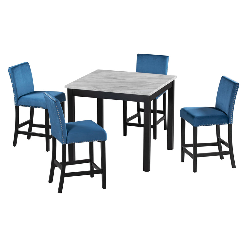 5-piece Counter Height Dining Table Set with One Faux Marble Dining Table and Four Upholstered-Seat Chairs, Table top: 40in.L x40in.W, for Kitchen and Living room Furniture,Blue - Supfirm