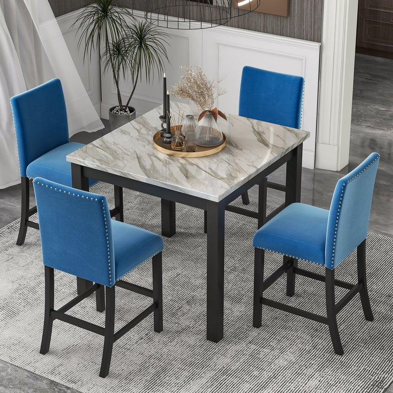 5-piece Counter Height Dining Table Set with One Faux Marble Dining Table and Four Upholstered-Seat Chairs, Table top: 40in.L x40in.W, for Kitchen and Living room Furniture,Blue - Supfirm