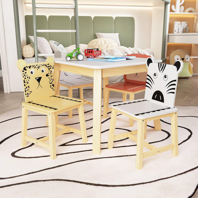 5 Piece Kiddy Table and Chair Set , Kids Wood Table with 4 Chairs Set Cartoon Animals (bigger table) (3-8 years old) - Supfirm