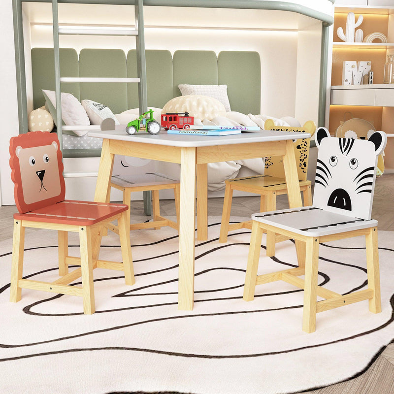 5 Piece Kiddy Table and Chair Set , Kids Wood Table with 4 Chairs Set Cartoon Animals (bigger table) (3-8 years old) - Supfirm