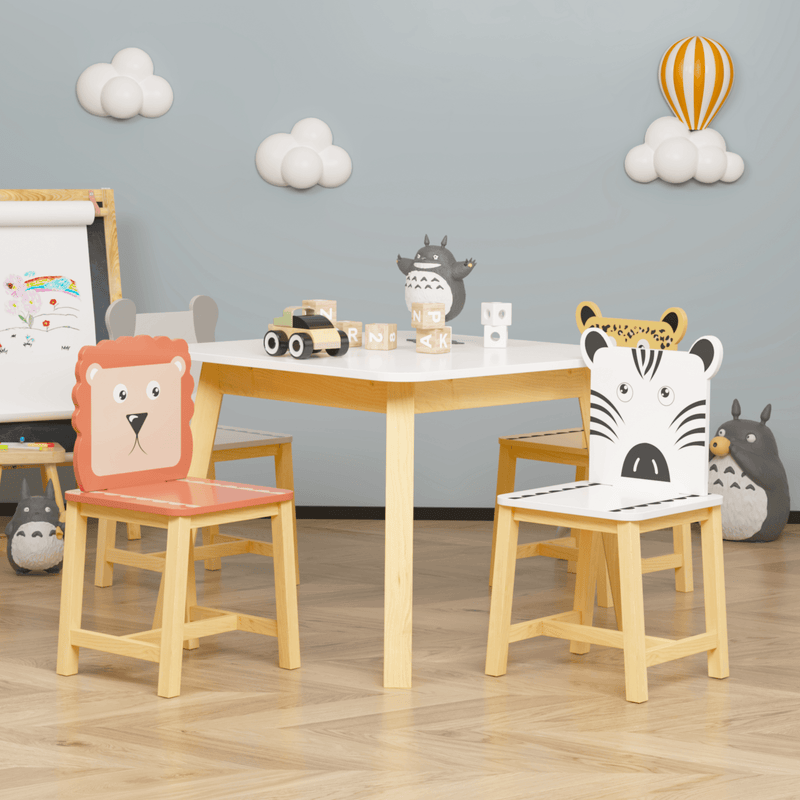 5 Piece Kiddy Table and Chair Set , Kids Wood Table with 4 Chairs Set Cartoon Animals (bigger table) (3-8 years old) - Supfirm