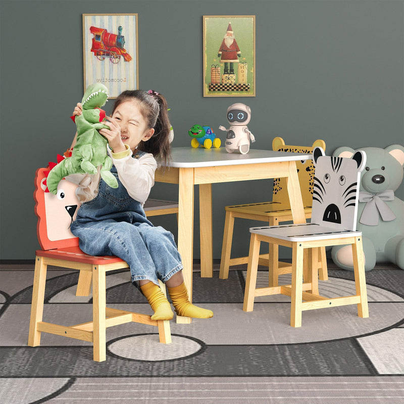 5 Piece Kiddy Table and Chair Set , Kids Wood Table with 4 Chairs Set Cartoon Animals (bigger table) (3-8 years old) - Supfirm