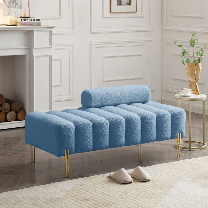 53.2" Width Modern End of Bed Bench Sherpa Fabric Upholstered 2 Seater Sofa Couch Entryway Ottoman Bench Fuzzy Sofa Stool Footrest Window Bench with Gold Metal Legs for Bedroom Living Room,Light Blue - Supfirm