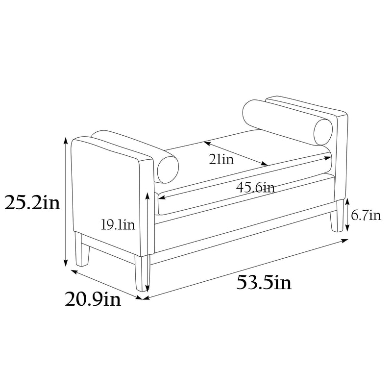 53.5"W Elegant Upholstered Bench, Ottoman with Wood Legs & Bolster Pillows for End of Bed, Bedroom, Living Room, Entryway, Ivory - Supfirm