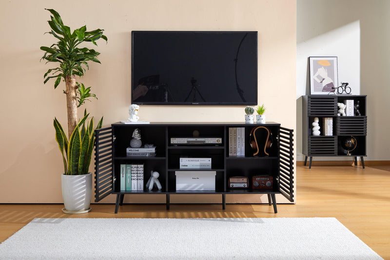 55" TV Stand for TVs up to 60 Inch, Mid-Century Modern TV Cabinet Entertainment Center with Storage Shelves, Media Console with 2 Hollowed-Out Doors for Living Room Media Room, Black - Supfirm