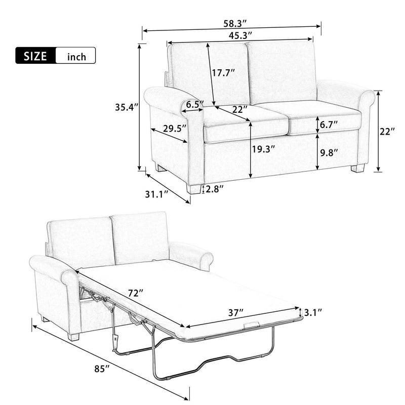 58.3" Pull Out Sofa Bed,Sleeper Sofa Bed with Premium Twin Size Mattress Pad,2-in-1 Pull Out Couch Bed,Loveseat Sleeper for Living Room,Small Apartment, Beige White - Supfirm