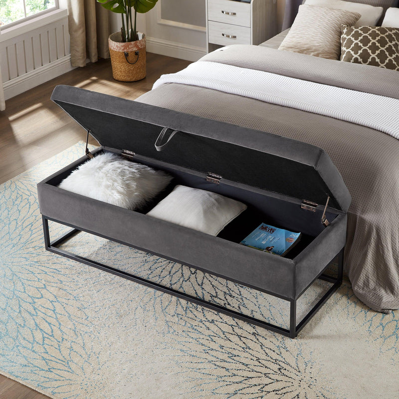 58.6" Bed Bench Metal Base with Storage Grey Velvet - Supfirm