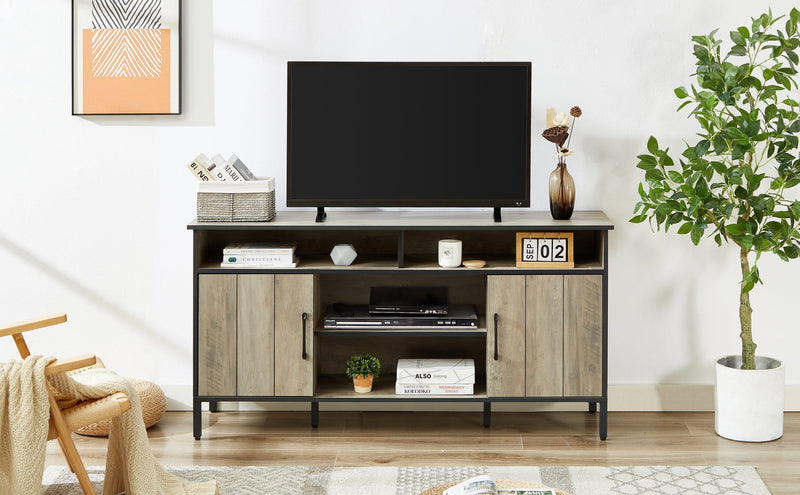 58-inch TV stand and media entertainment center console with up to 65-inch TV, open shelving and two storage cabinets, six support legs with adjustable feet,Rustic, Gray,58" x 15.7" x 29.7" - Supfirm