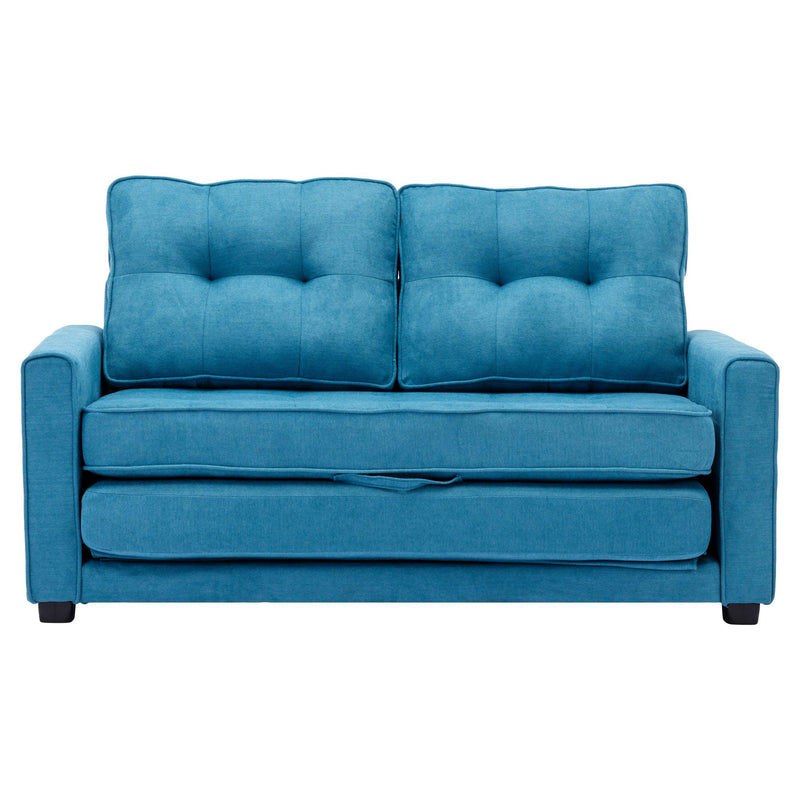 59.4" Loveseat Sofa with Pull-Out Bed Modern Upholstered Couch with Side Pocket for Living Room Office, Blue - Supfirm