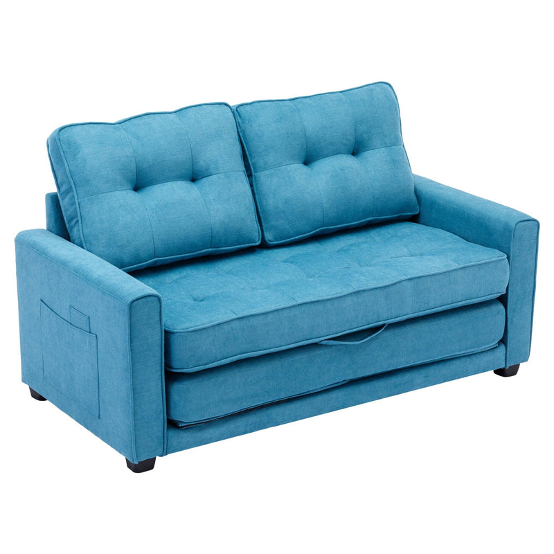 59.4" Loveseat Sofa with Pull-Out Bed Modern Upholstered Couch with Side Pocket for Living Room Office, Blue - Supfirm