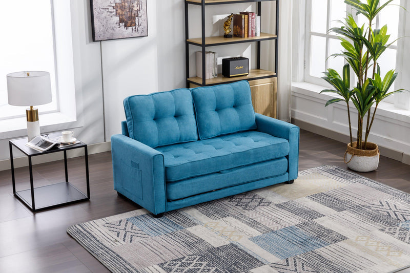 59.4" Loveseat Sofa with Pull-Out Bed Modern Upholstered Couch with Side Pocket for Living Room Office, Blue - Supfirm