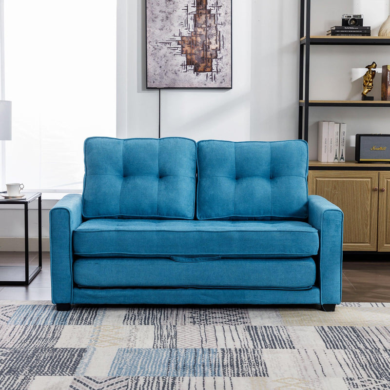 59.4" Loveseat Sofa with Pull-Out Bed Modern Upholstered Couch with Side Pocket for Living Room Office, Blue - Supfirm