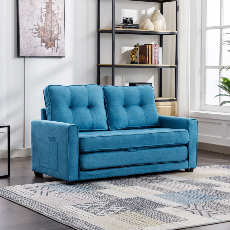 59.4" Loveseat Sofa with Pull-Out Bed Modern Upholstered Couch with Side Pocket for Living Room Office, Blue - Supfirm