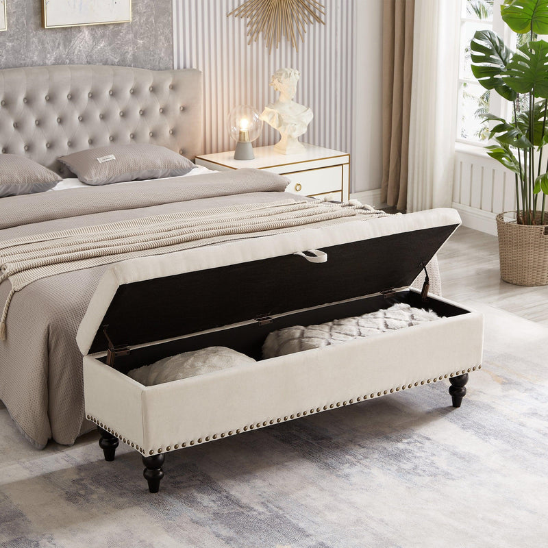 59" Bed Bench Ottoman with Storage Beige Fabric - Supfirm