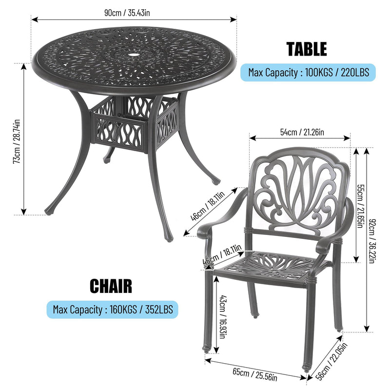 5PCS Outdoor Furniture Dining Table Set All-Weather Cast Aluminum Patio Furniture Includes 1 Round Table and 4 Chairs with Umbrella Hole for Patio Garden Deck, Lattice Weave Design,BLACK COLOR - Supfirm