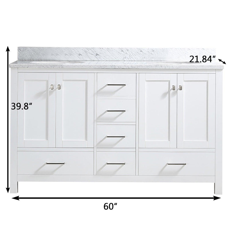 60" Double Bathroom Vanity Cabinet with Carrera Marble Top in White with Ceramic Sink and Back Splash - Supfirm