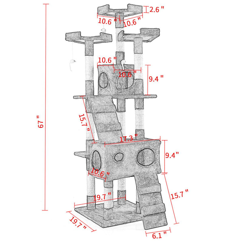 67'' Multi-Level Cat Tree Tower, Kitten Condo House with Scratching Posts, Kitty Play Activity Center, Gray - Supfirm