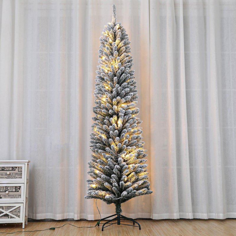 Supfirm 7 Feet Prelit Snow Flocked Pencil Christmas Tree Decoration 150 LED UL Plug Warm Lights 570 Branch Artificial Slim Xmas Tree Indoor Outdoor Home Decor Holiday - Supfirm