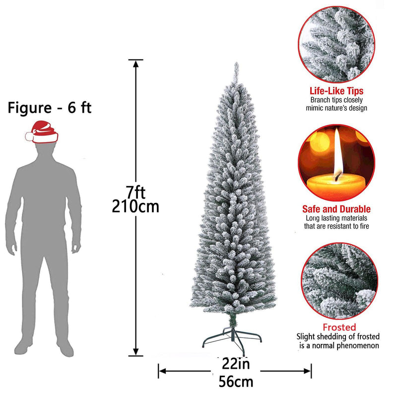 Supfirm 7 Feet Prelit Snow Flocked Pencil Christmas Tree Decoration 150 LED UL Plug Warm Lights 570 Branch Artificial Slim Xmas Tree Indoor Outdoor Home Decor Holiday - Supfirm