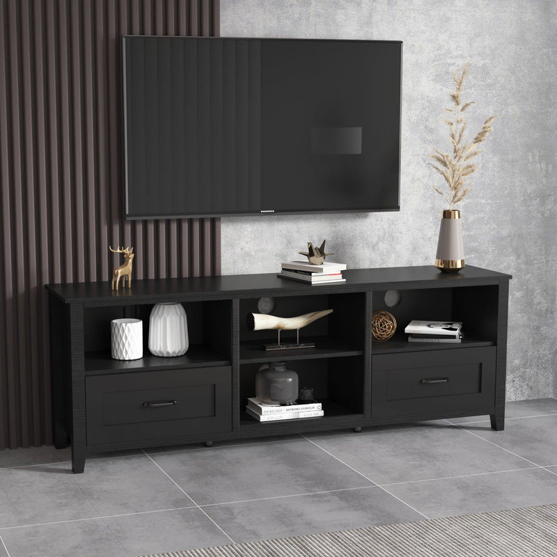 70.08 Inch Length Black TV Stand for Living Room and Bedroom, with 2 Drawers and 4 High-Capacity Storage Compartment. - Supfirm