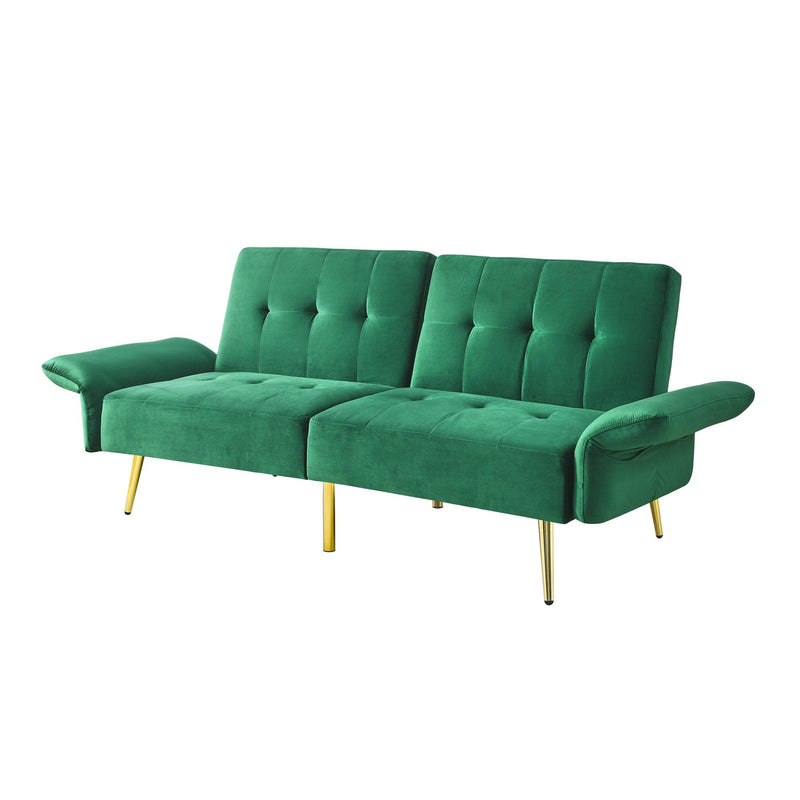 78" Italian Velvet Futon Sofa Bed, Convertible Sleeper Loveseat Couch with Folded Armrests and Storage Bags for Living Room and Small Space, Green 280g velvet - Supfirm