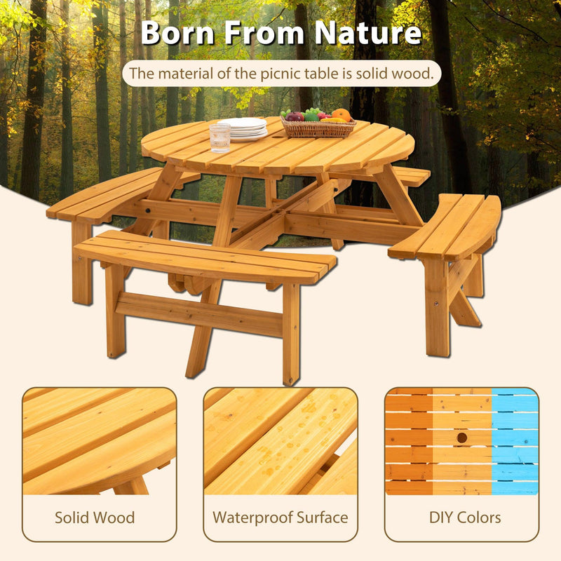 8 Person Wooden Picnic Table, Outdoor Camping Dining Table with Seat, Garden, DIY w/ 4 Built-in Benches, 2220lb Capacity - Natural - Supfirm