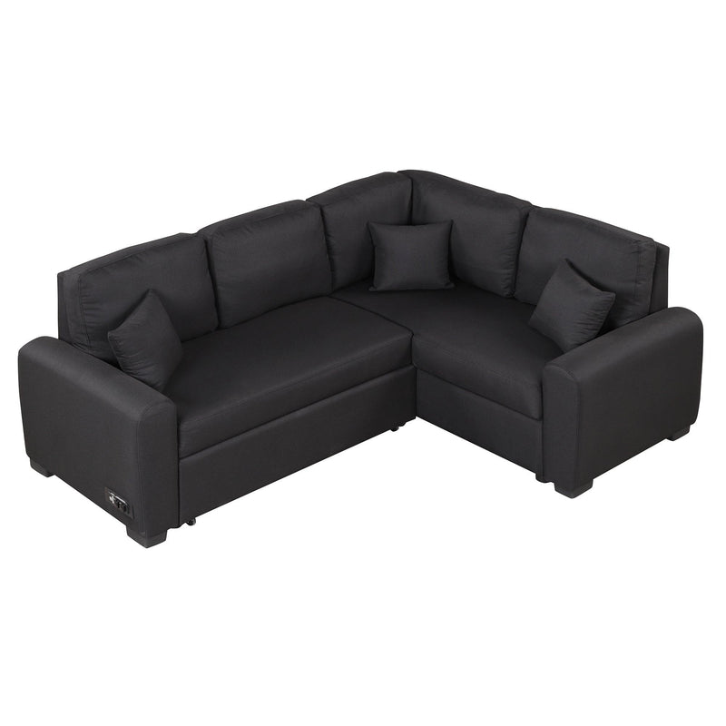 87.4"Sectional Sleeper Sofa with USB Charging Port and Plug Outlet,Pull-Out Sofa Bed with 3 Pillows, L-Shape Chaise for Living Room Small Apartment,Black (old sku SG000720AAB) - Supfirm