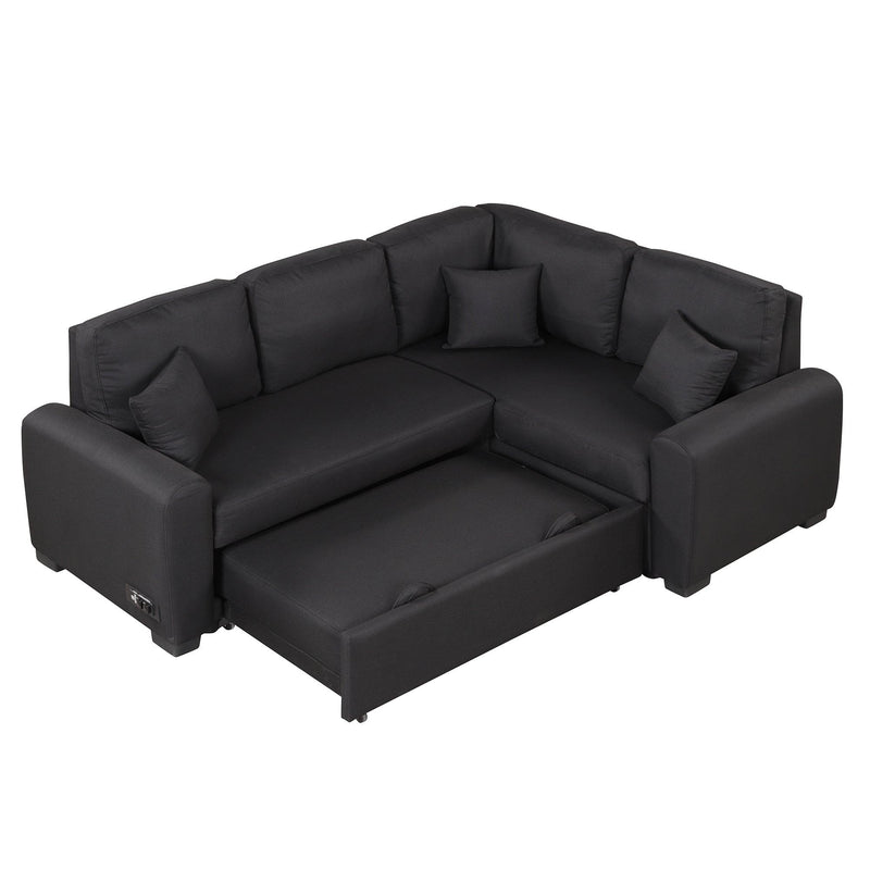 87.4"Sectional Sleeper Sofa with USB Charging Port and Plug Outlet,Pull-Out Sofa Bed with 3 Pillows, L-Shape Chaise for Living Room Small Apartment,Black (old sku SG000720AAB) - Supfirm