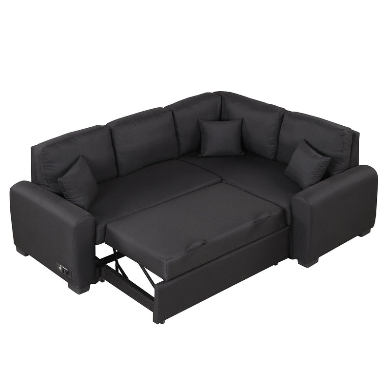 87.4"Sectional Sleeper Sofa with USB Charging Port and Plug Outlet,Pull-Out Sofa Bed with 3 Pillows, L-Shape Chaise for Living Room Small Apartment,Black (old sku SG000720AAB) - Supfirm