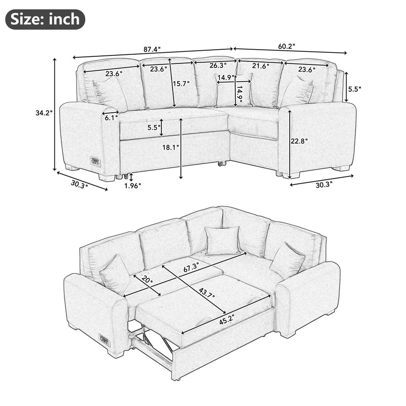 87.4"Sectional Sleeper Sofa with USB Charging Port and Plug Outlet,Pull-Out Sofa Bed with 3 Pillows, L-Shape Chaise for Living Room Small Apartment,Black (old sku SG000720AAB) - Supfirm