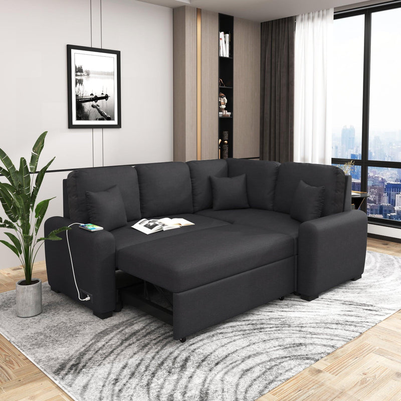 87.4"Sectional Sleeper Sofa with USB Charging Port and Plug Outlet,Pull-Out Sofa Bed with 3 Pillows, L-Shape Chaise for Living Room Small Apartment,Black (old sku SG000720AAB) - Supfirm