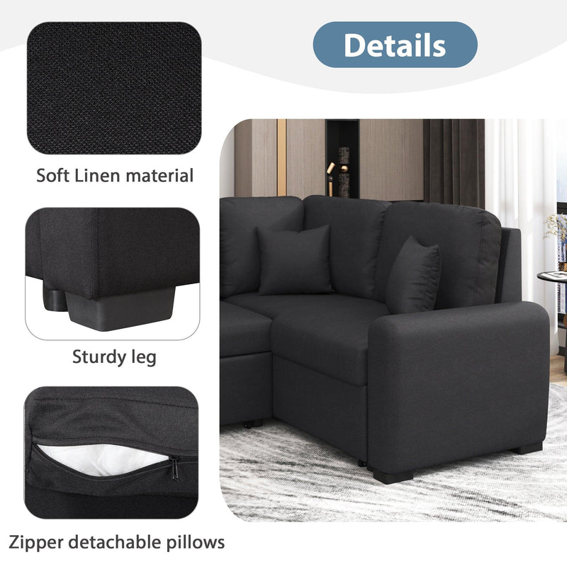 87.4"Sectional Sleeper Sofa with USB Charging Port and Plug Outlet,Pull-Out Sofa Bed with 3 Pillows, L-Shape Chaise for Living Room Small Apartment,Black (old sku SG000720AAB) - Supfirm