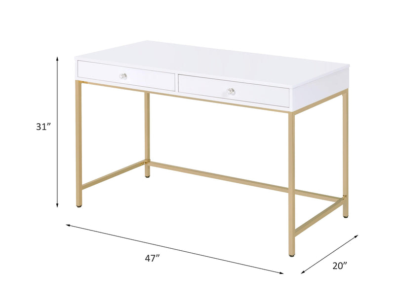 ACME Ottey Desk in White High Gloss & Gold 92540 - Supfirm