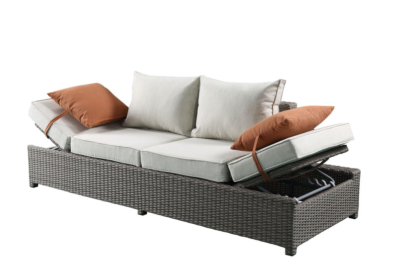 ACME Salena Patio Outdoor Sofa & Ottoman w/2 Pillows in Beige Fabric & Gray Wicker 45015 - Supfirm