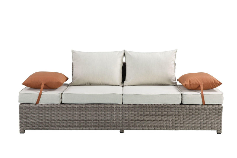 ACME Salena Patio Outdoor Sofa & Ottoman w/2 Pillows in Beige Fabric & Gray Wicker 45015 - Supfirm