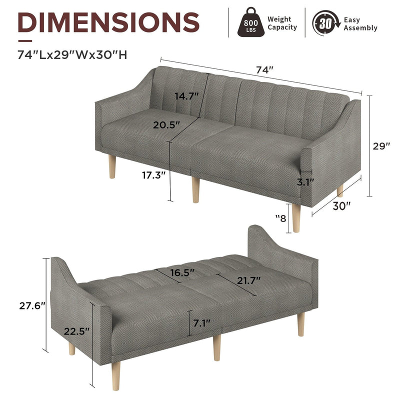 Supfirm ACMEASE 74" Sofa Bed with Adjustable Backrest, Convertible Sleeper, Modern Recliner for Living Room, Bedroom, Dark Gray - Supfirm