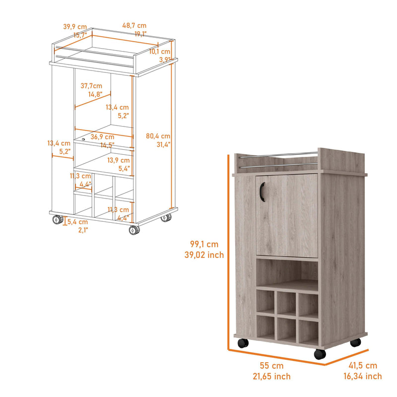 Allandale 1-Door Bar Cart with Wine Cubbies Rack and Casters Light Gray - Supfirm