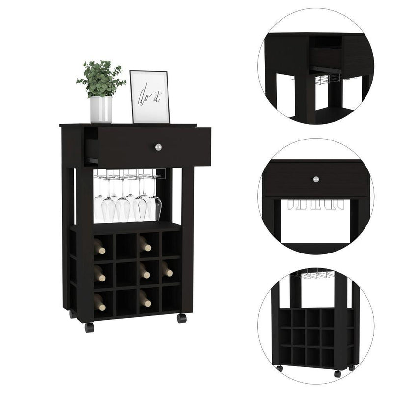 Ambler 1-Drawer 12-Bottle Wine Cubbies Cabinet Black Wengue - Supfirm