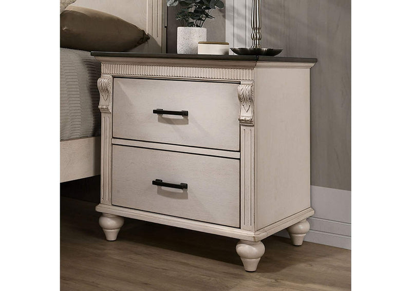 Antique White / Gray 1pc Nightstand Two-Tone Design Dark Bronze Bar Pull Pulls Solidwood Bedside Table Bedroom - Supfirm