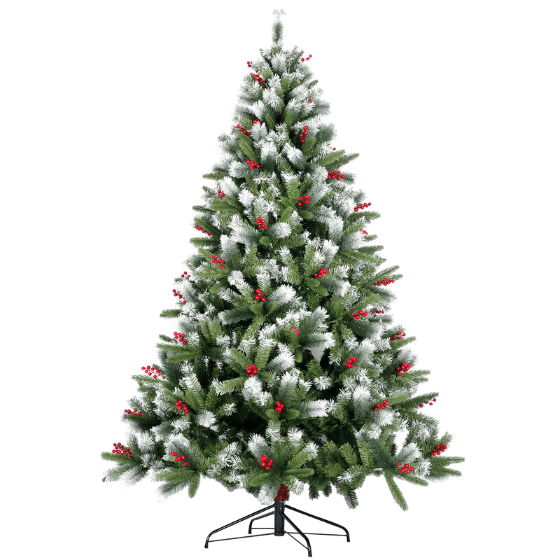 Artificial Christmas Tree Flocked Pine Needle Tree with Cones Red Berries 7.5 ft Foldable Stand - Supfirm