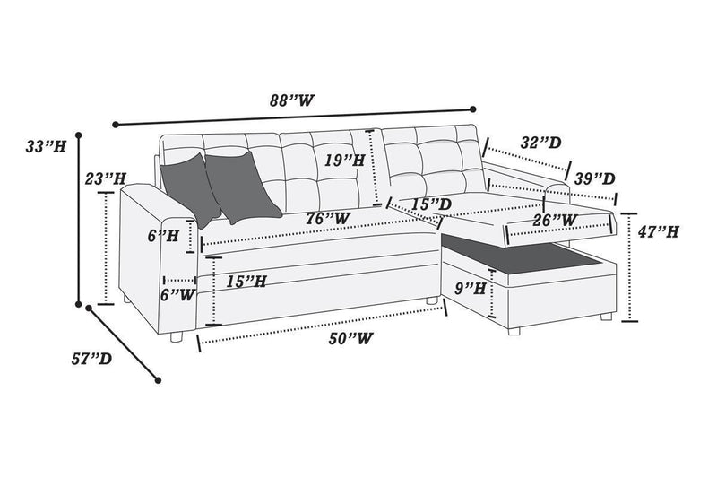 Ash Black Convertible Sectional Pull Out Bed Sofa Chaise Reversible Storage Chaise Polyfiber Tufted Couch Lounge - Supfirm