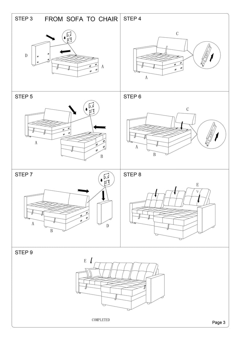 Ash Black Convertible Sectional Pull Out Bed Sofa Chaise Reversible Storage Chaise Polyfiber Tufted Couch Lounge - Supfirm