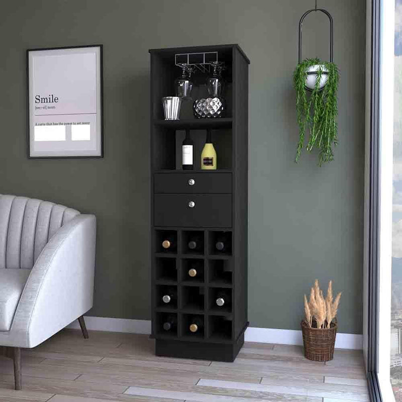 Bar Cabinet Bureck, Two Drawers, Twelve Wine Cubbies, Black Wengue Finish - Supfirm