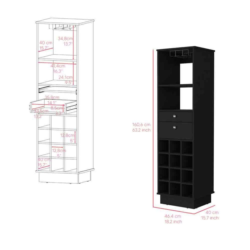 Bar Cabinet Bureck, Two Drawers, Twelve Wine Cubbies, Black Wengue Finish - Supfirm