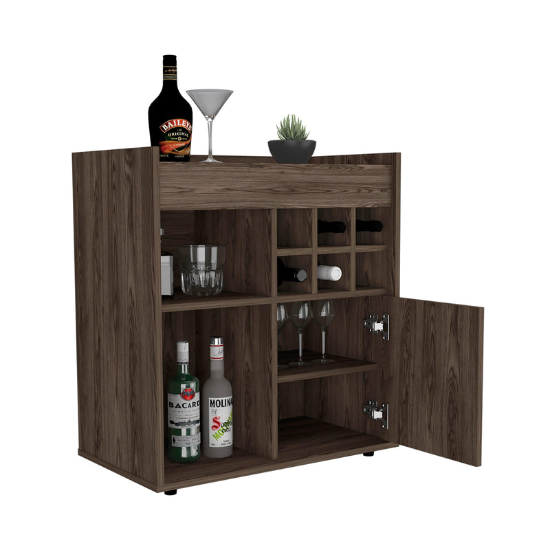 Bar Cabinet Dext, Two Concealed Shelves, Six Wine Cubbies, Dark Walnut Finish - Supfirm